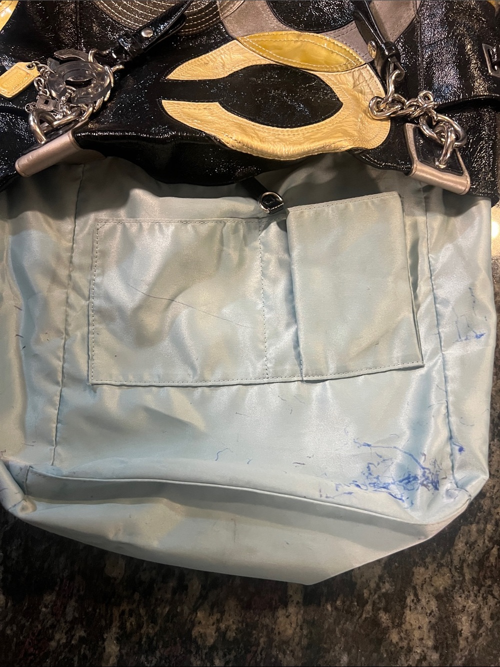 Coach patent leather Black Tote with gold and Gray suede C’s - Picture 5 of 11